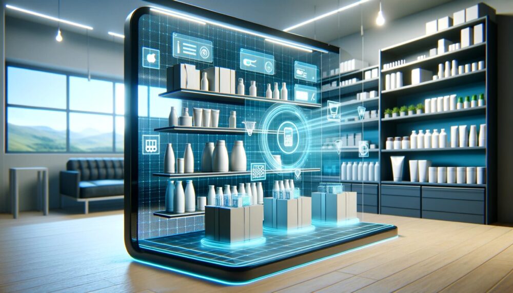 A futuristic digital storefront displaying products on virtual shelves using augmented reality technology, depicting the innovative fusion of retail and digital advancements.